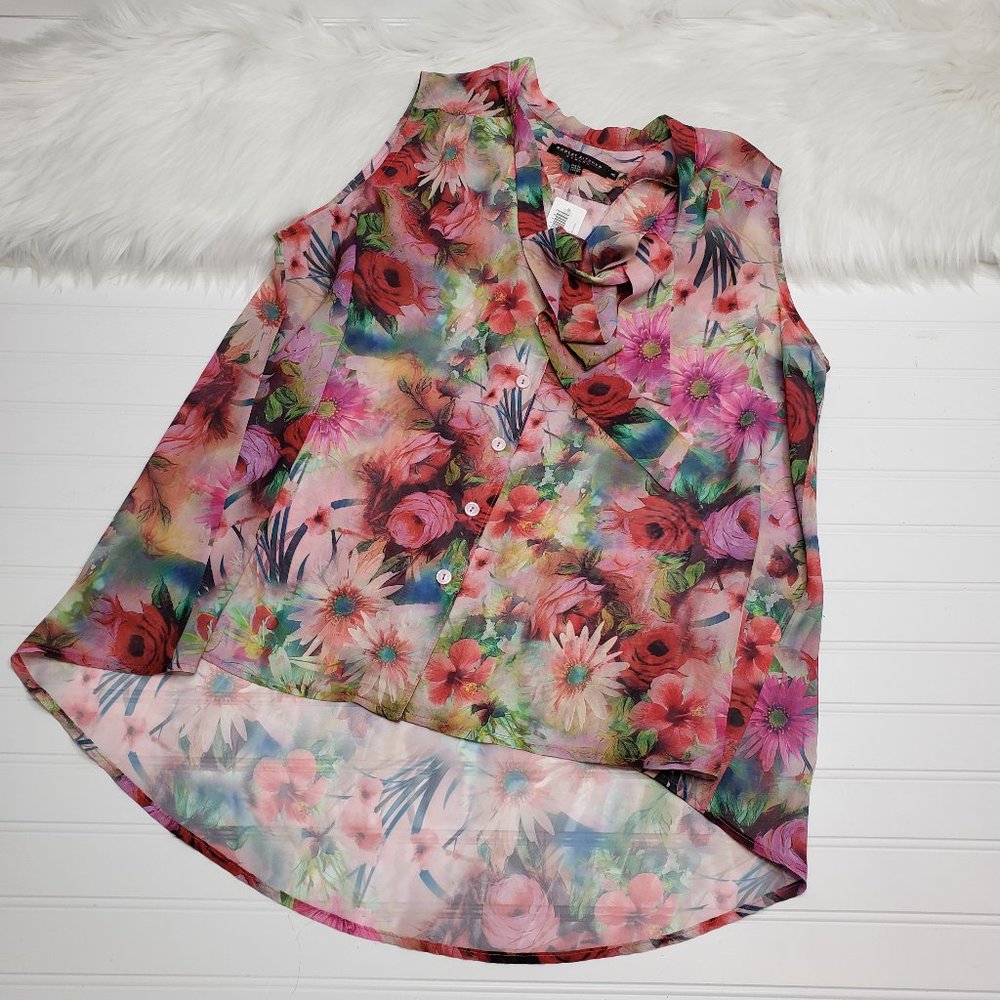 Robert Kitchen Canada Floral Sleeveless Button Up Sheer Bow Top XL MSRP $98